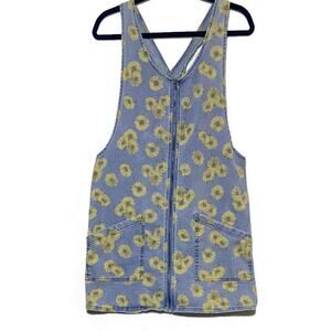 SO Pinafore Dress Junior Girl's Large Zip Front Blue Denim w/Yellow Flowers